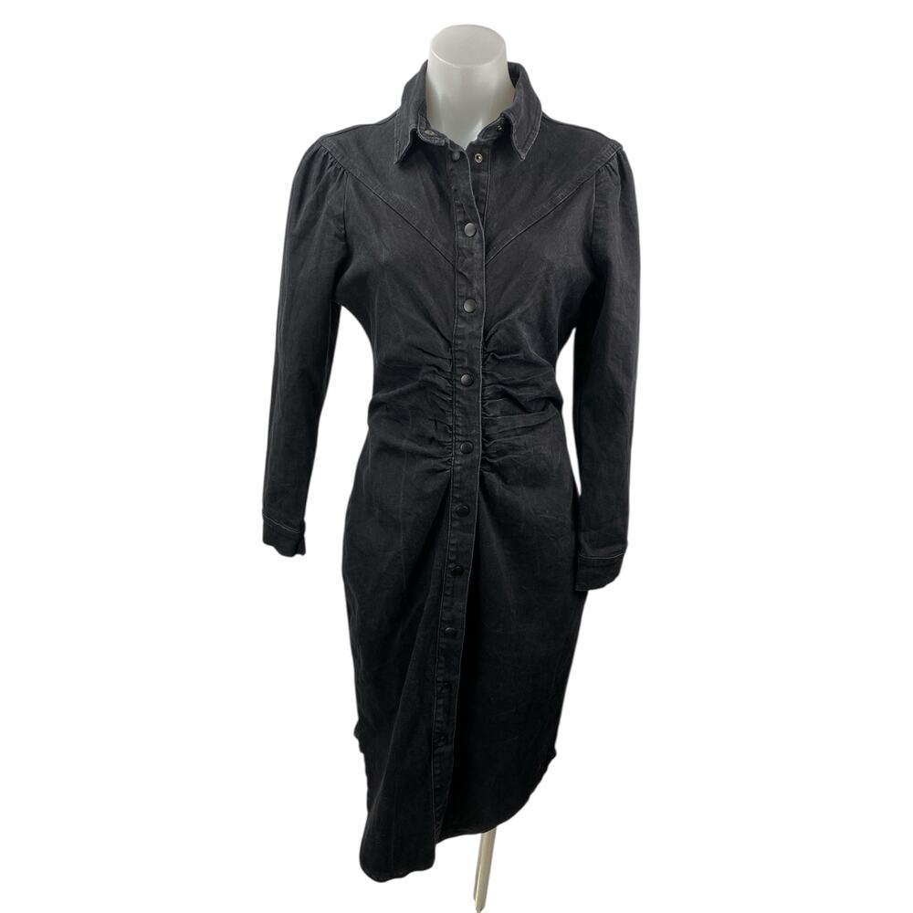 Reserved Black Denim Ruched Collared Long Sleeve Midi Bodycon Shirt Dress Sz 38